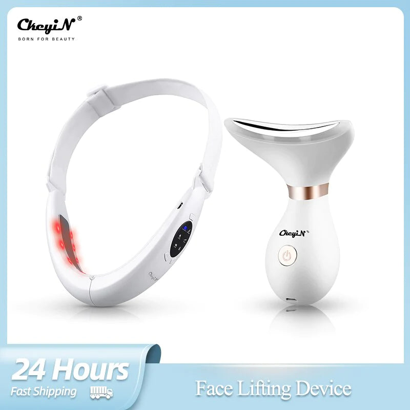 Ckeyin V Shaped Facial Lifting Device Red Light Therapy Face Slimming Tightening Machine EMS Neck Massager Remove Double Chin